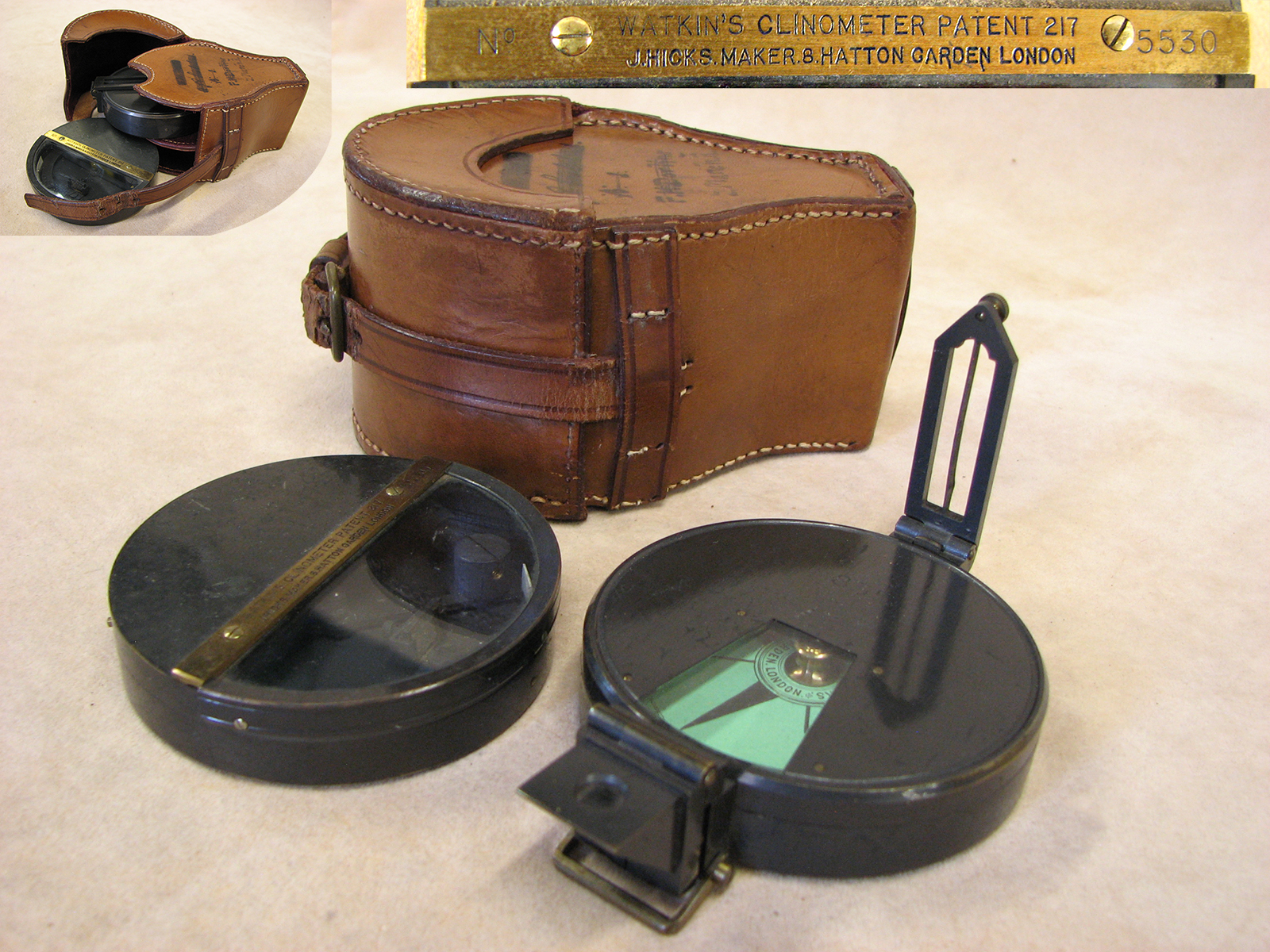 19th Century Hicks compass & Watkins clinometer combination set